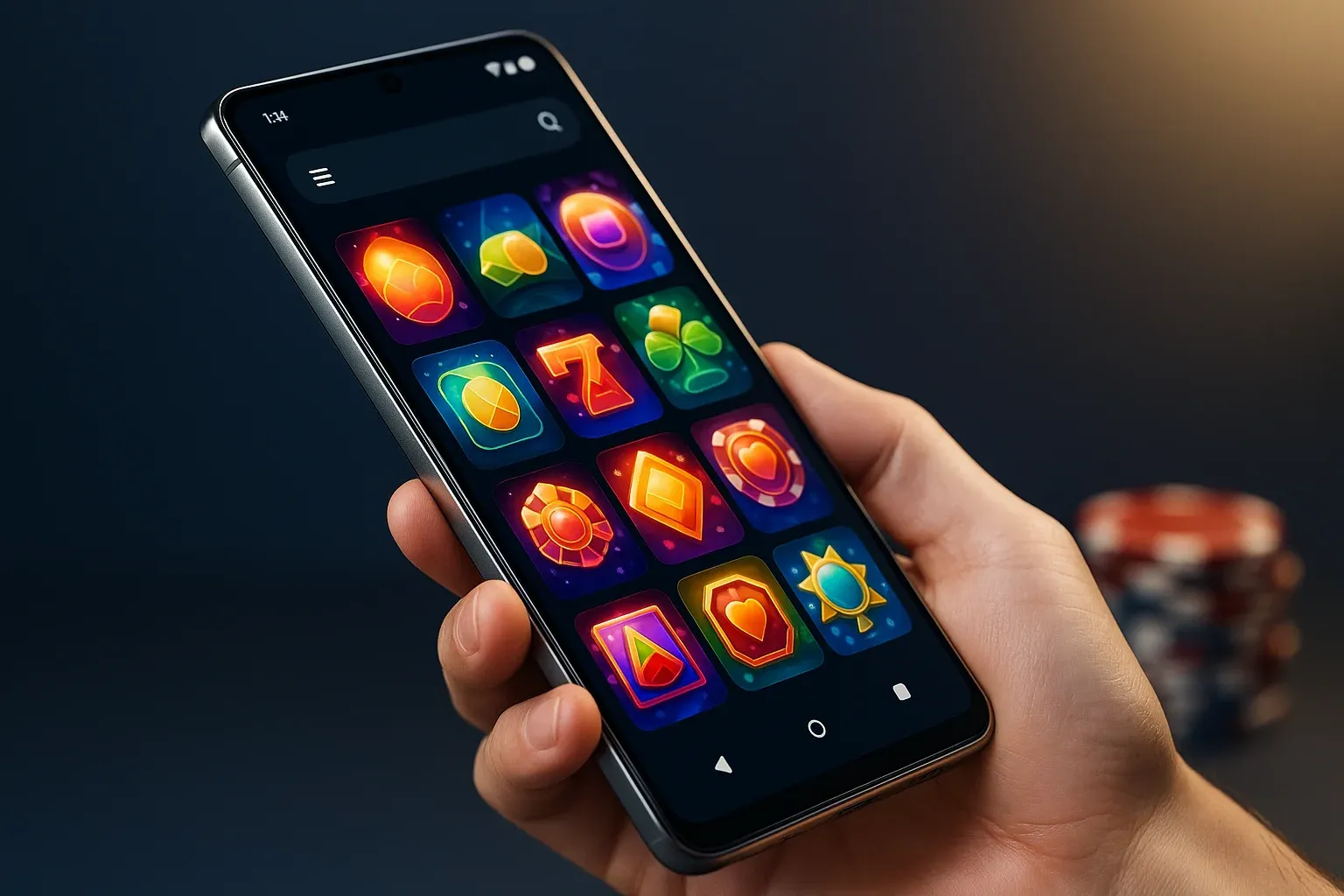Flagship Android smartphone showing vivid casino app interface in dramatic studio lighting
