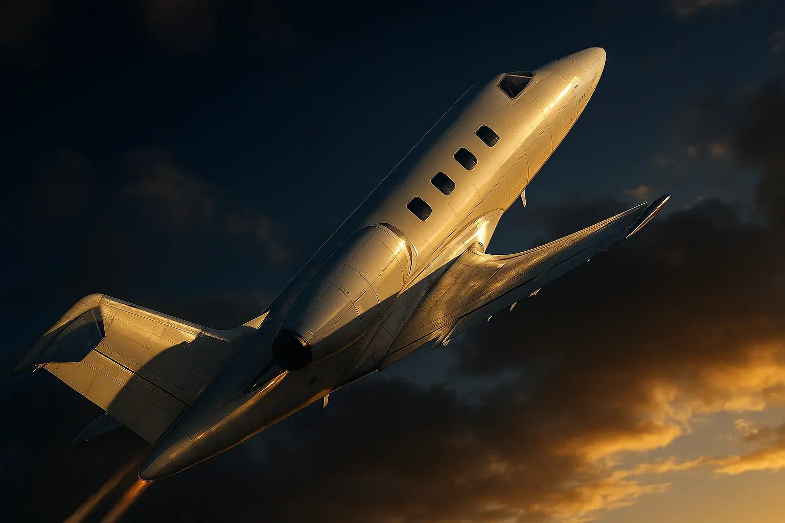 Hyperrealistic white jet climbing steeply in deep blue sky with trails