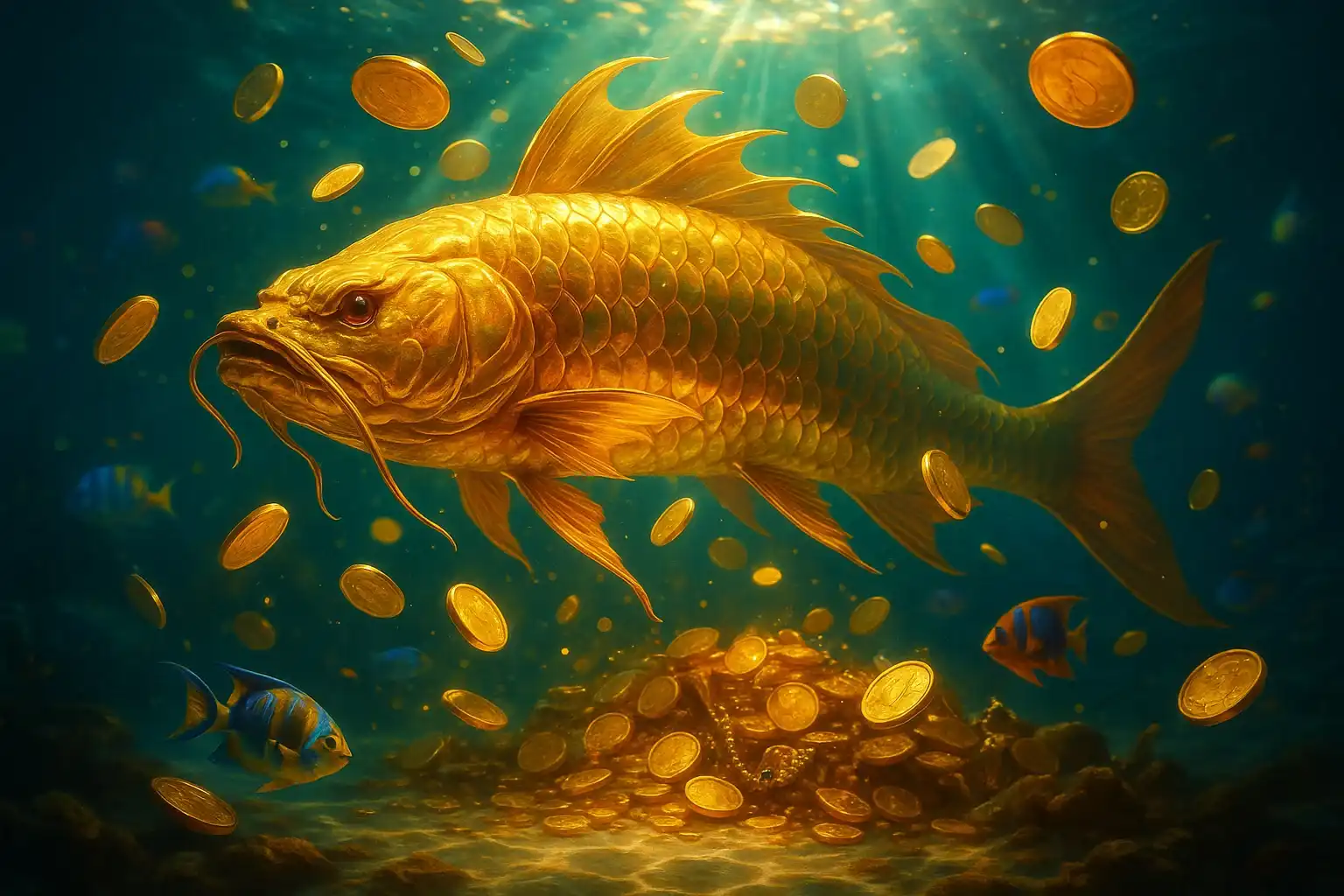 Hyperrealistic underwater golden dragon fish with glowing coins and treasure
