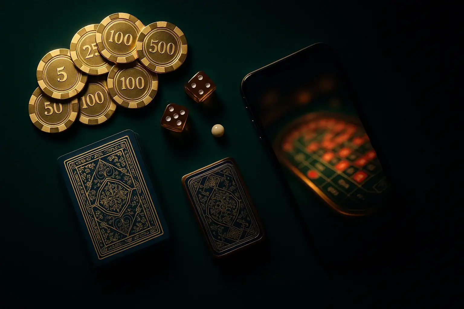Top-down premium casino table with gold chips, cards, dice, roulette ball, smartphone