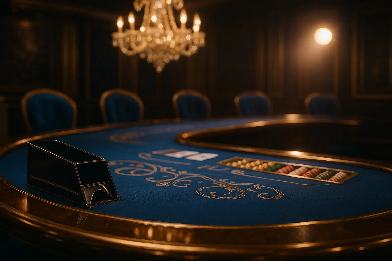 Hyperrealistic wide shot of Philippine live baccarat studio with blue felt table