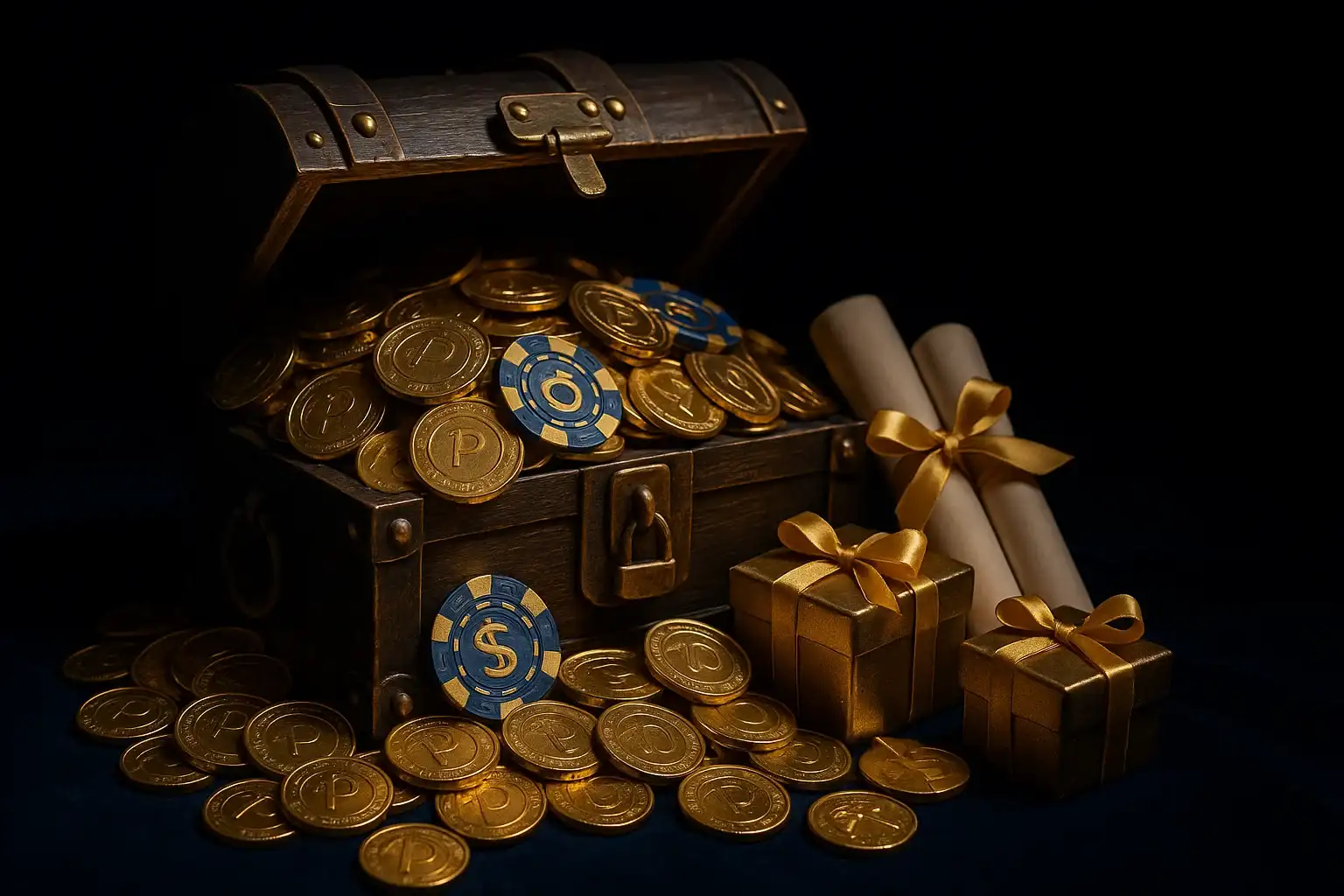 Overflowing treasure chest with gold coins, casino chips, vouchers, and gift boxes