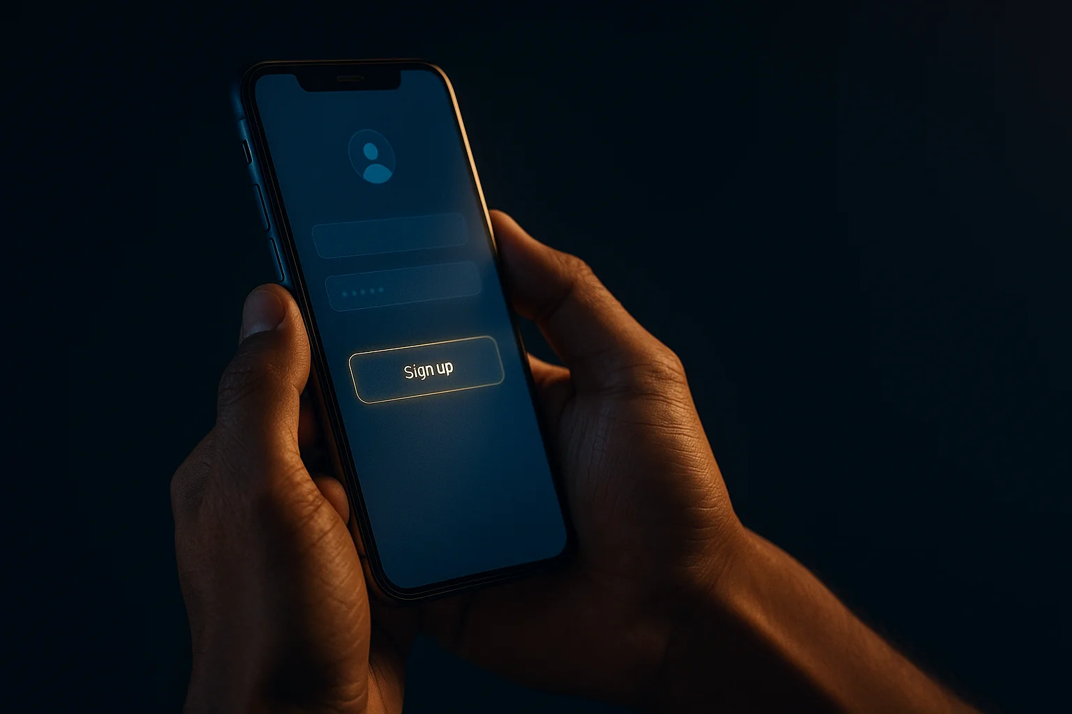 Filipino man hands holding smartphone with blurred registration screen, blue gold glow