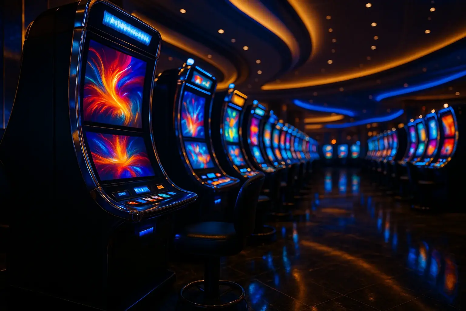 Hyperrealistic wide shot of Manila casino slots floor with blue gold lighting