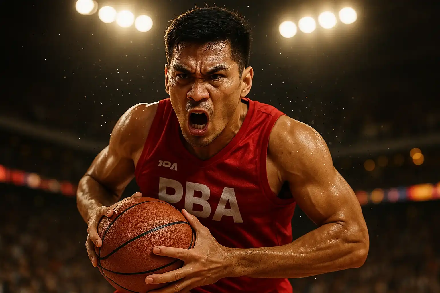 Filipino PBA basketball player mid-air driving to basket, intense close-up